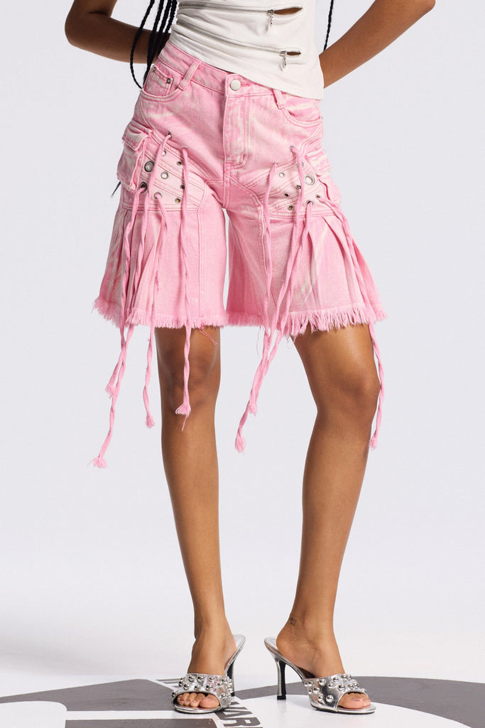 Shop  pink midi - Perfect for special occasions | Bile Fringe Ruffle Midi Jeans In Pink