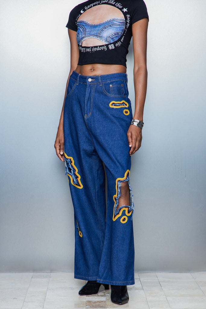 Billie Cutout Embroidered Jeans In Blue - Stylish red dress for special occasions | Buy Online