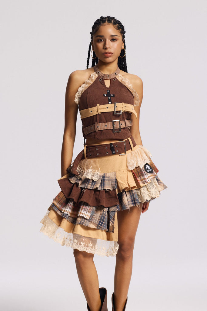 Stylish beautiful dress | Bima Buckle Grid Denim Skirt Set - Ideal for special occasions