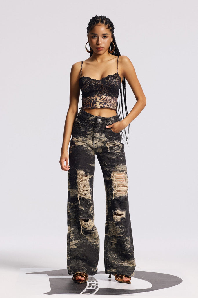 Stylish black dress | Bistra Tie Dye Ripped Straight Jeans In Black - Ideal for special occasions