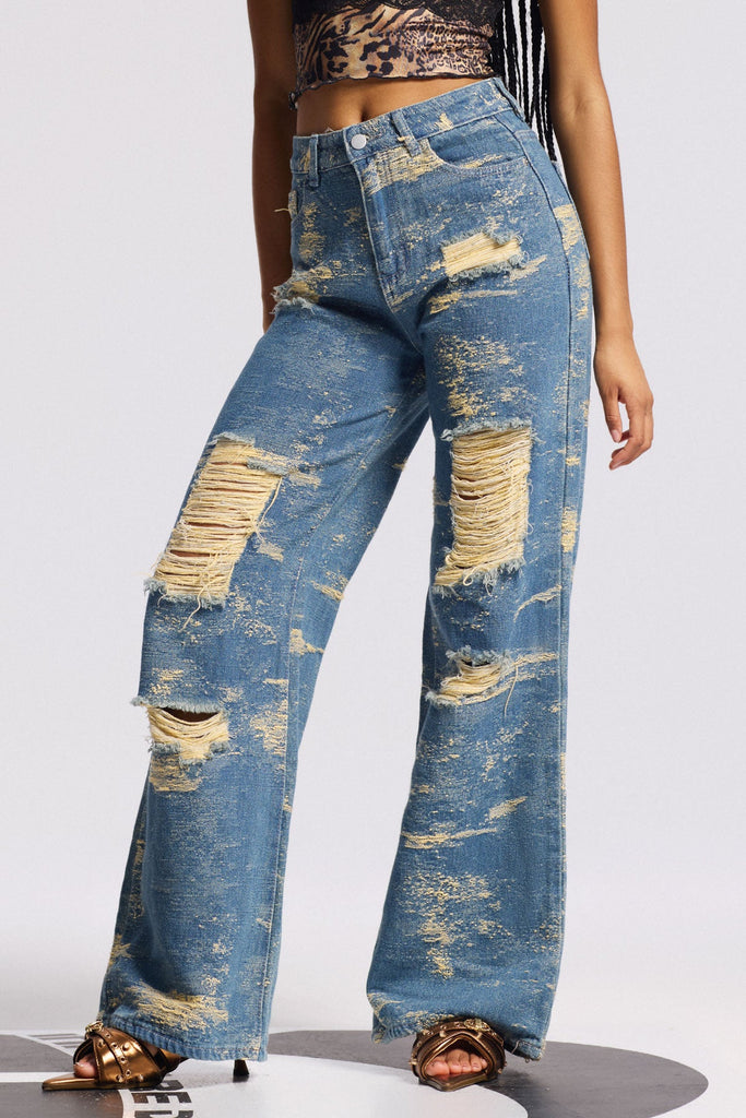 Bistra Tie Dye Ripped Straight Jeans In Blue - Stylish blue dress for special occasions | Buy Online