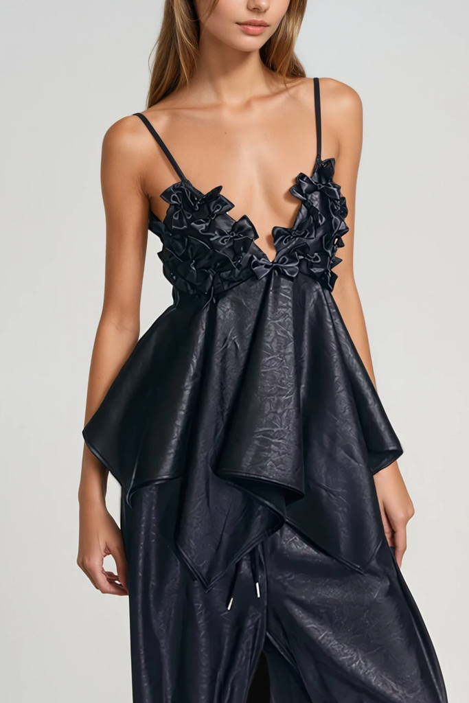 Stylish beautiful dress | Bitrus Bow Leather Spaghetti Top - Ideal for special occasions