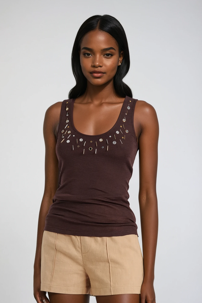 Stylish brown dress | Bjǫrg Embellished Sleeveless Top In Brown - Ideal for special occasions