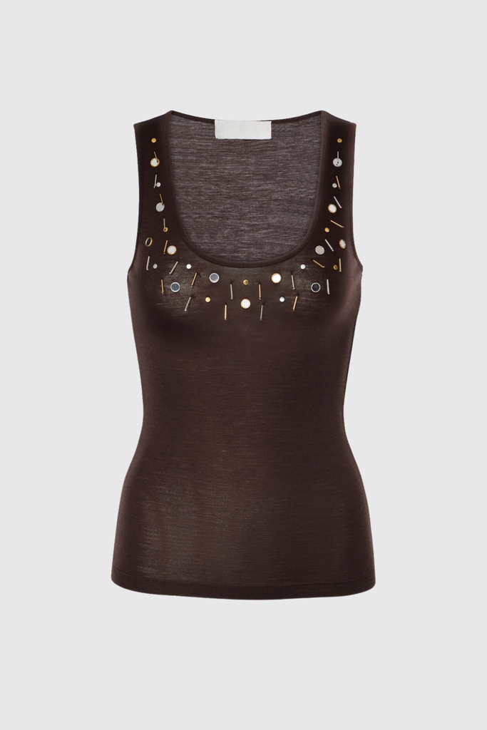 Shop  brown dress - Perfect for special occasions | Bjǫrg Embellished Sleeveless Top In Brown