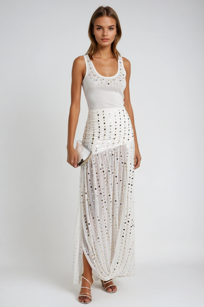 Bjǫrg Embellished Sleeveless Top In White - Stylish white dress for special occasions | Buy Online