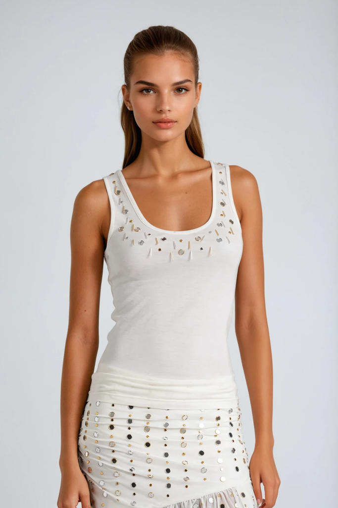 Stylish white dress | Bjǫrg Embellished Sleeveless Top In White - Ideal for special occasions