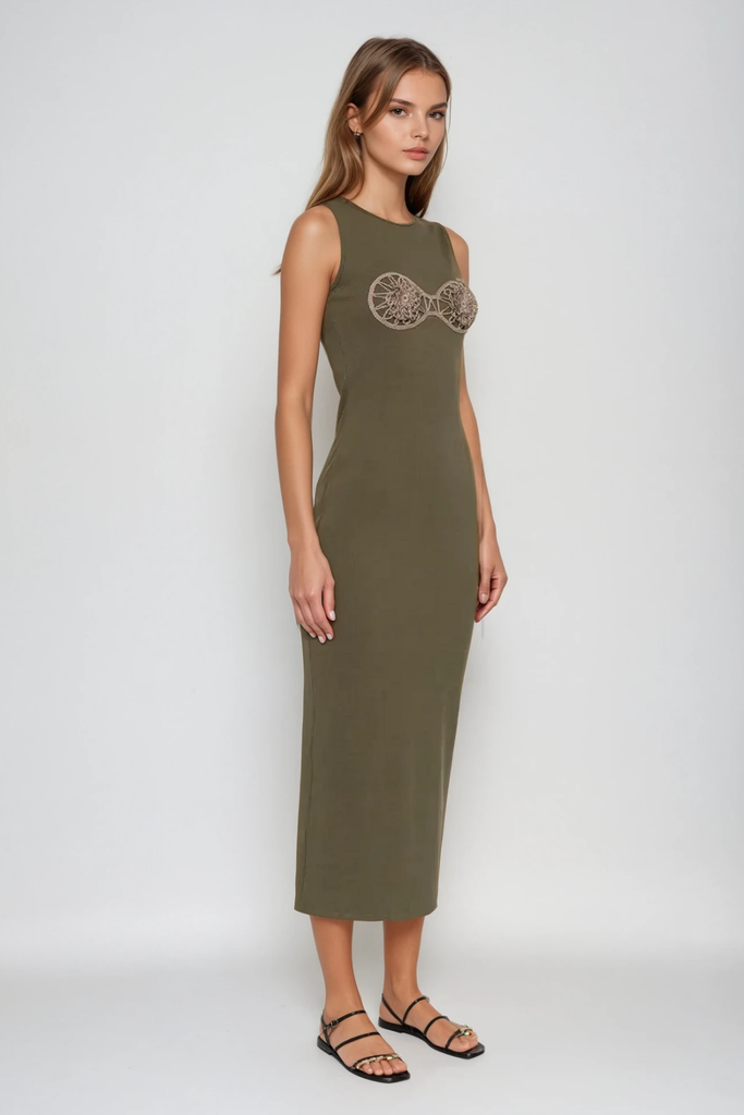 Shop  green dress - Perfect for special occasions | Bjartur Flower Sleeveless Knit Maxi Dress In Green