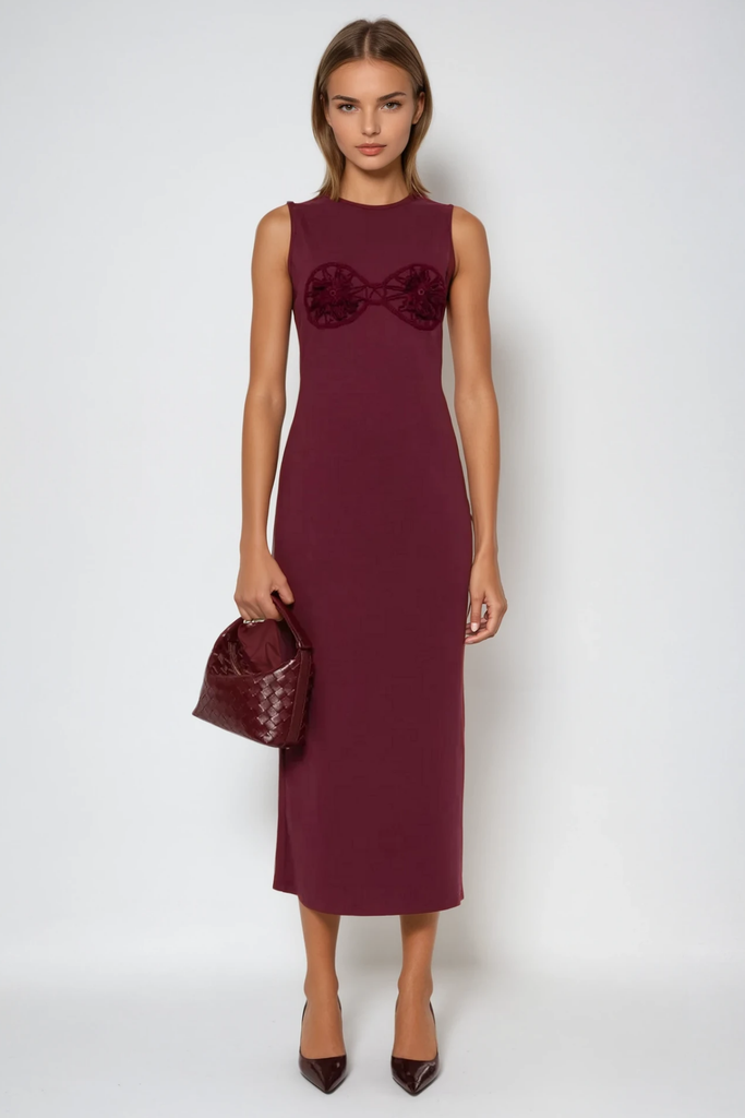 Bjartur Flower Sleeveless Knit Maxi Dress In Red - Stylish red dress for special occasions | Buy Online