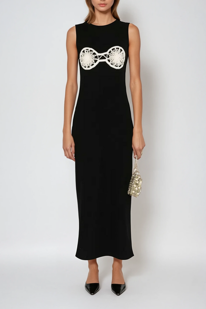 Bjartur Flower Sleeveless Knit Maxi Dress In Black - Stylish black dress for special occasions | Buy Online