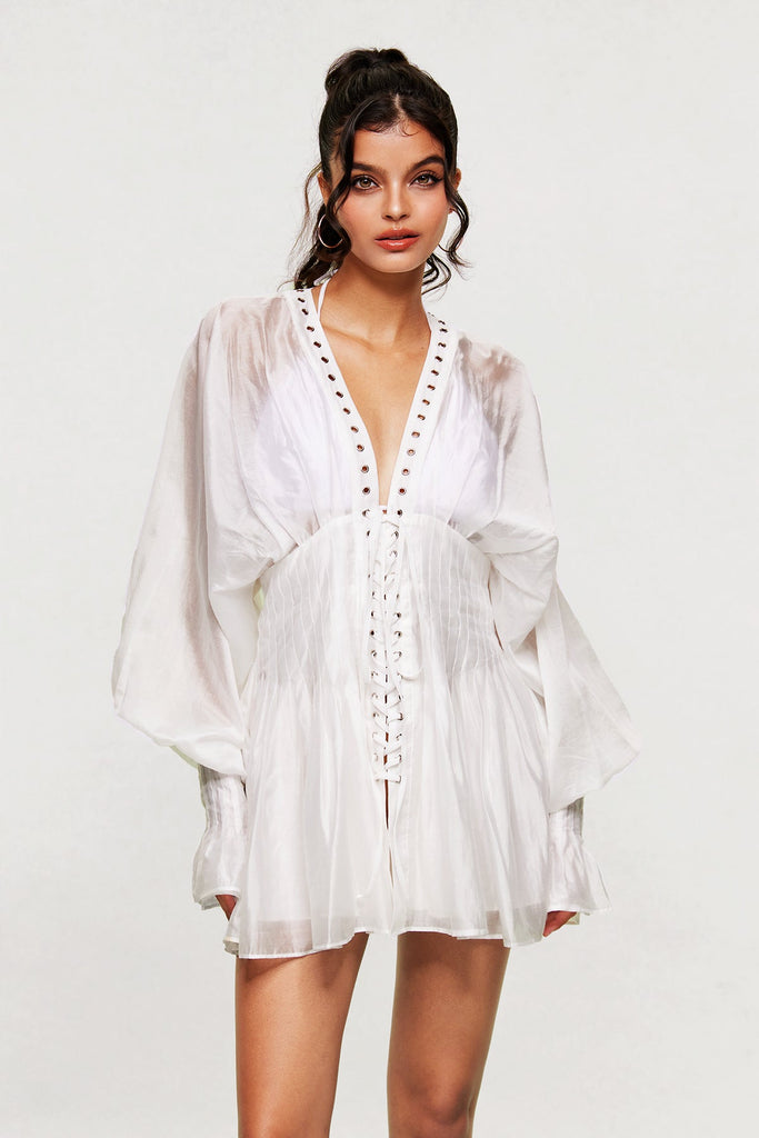 Blagoslav Balloon Sleeve Lace Up Mini Dress - Stylish beautiful dress for special occasions | Buy Online