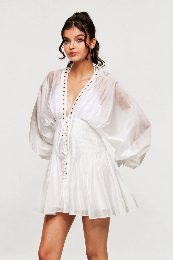 Blagoslav Balloon Sleeve Lace Up Mini Dress - Stylish beautiful dress for special occasions | Buy Online