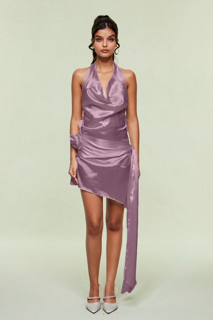 Blagoy Satin Flower Fringe Mini Dress In Purple - Stylish purple dress for special occasions | Buy Online