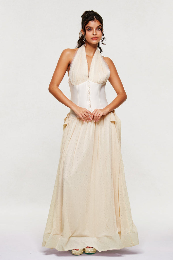 Shop  beautiful dress - Perfect for special occasions | Blakely Mesh Corset Dot Maxi Dress