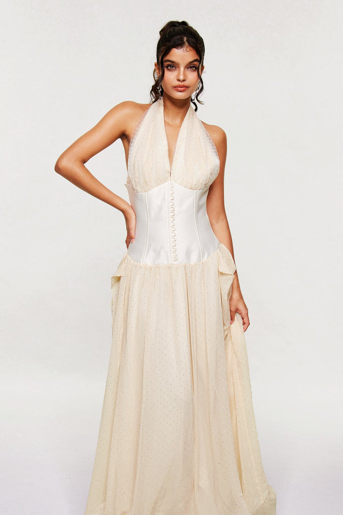 Shop  beautiful dress - Perfect for special occasions | Blakely Mesh Corset Dot Maxi Dress