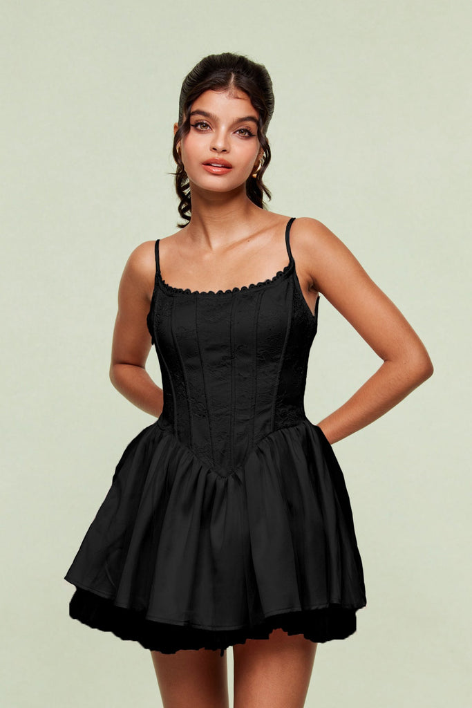 Blanchard Corset Lace Puffy Dress In Black - Stylish black dress for special occasions | Buy Online