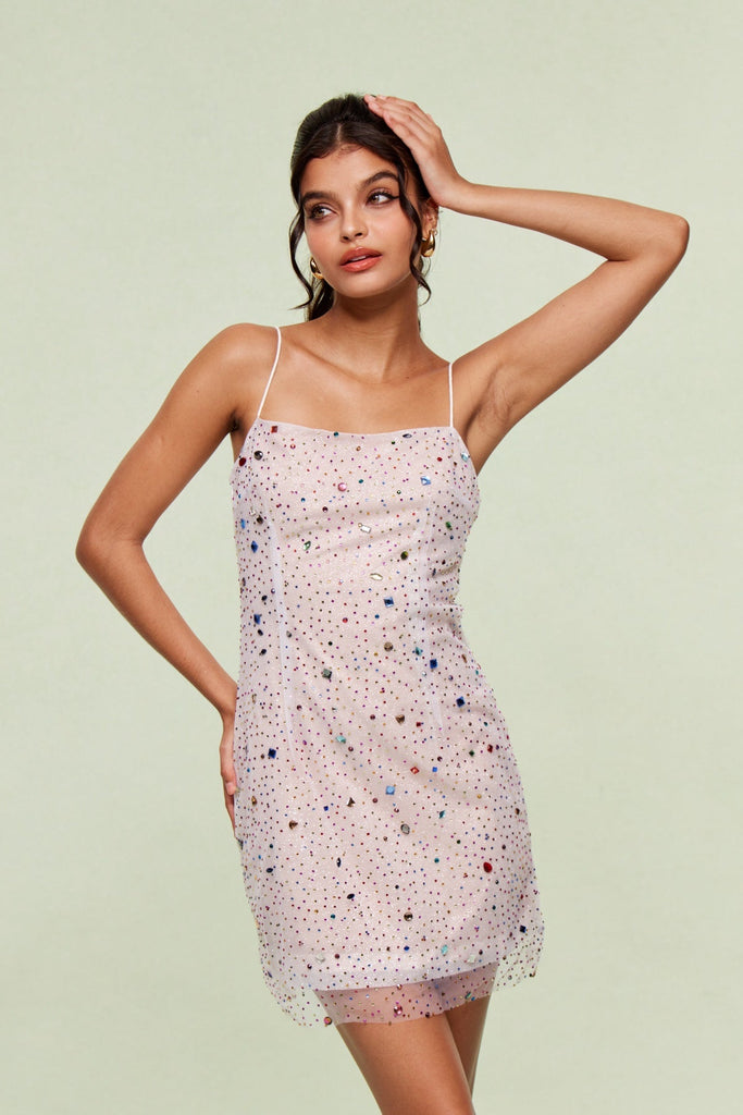 Shop  beautiful dress - Perfect for special occasions | Blandinus Crystal Mesh Spaghetti Mini Dress
