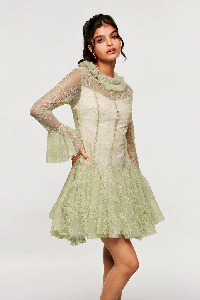 Stylish red dress | Blanid Lace Embroidered Ruffle Mini Dress In Green - Ideal for special occasions