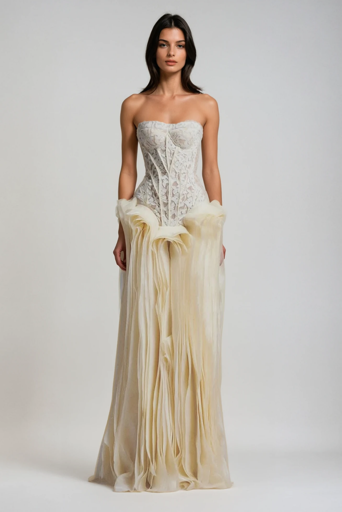 Blerta Strapless Corset Mesh Maxi Dress - Stylish beautiful dress for special occasions | Buy Online