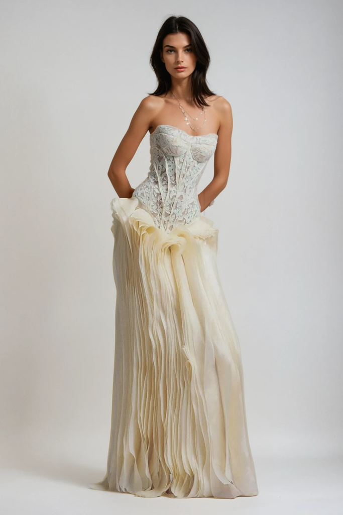 Stylish beautiful dress | Blerta Strapless Corset Mesh Maxi Dress - Ideal for special occasions