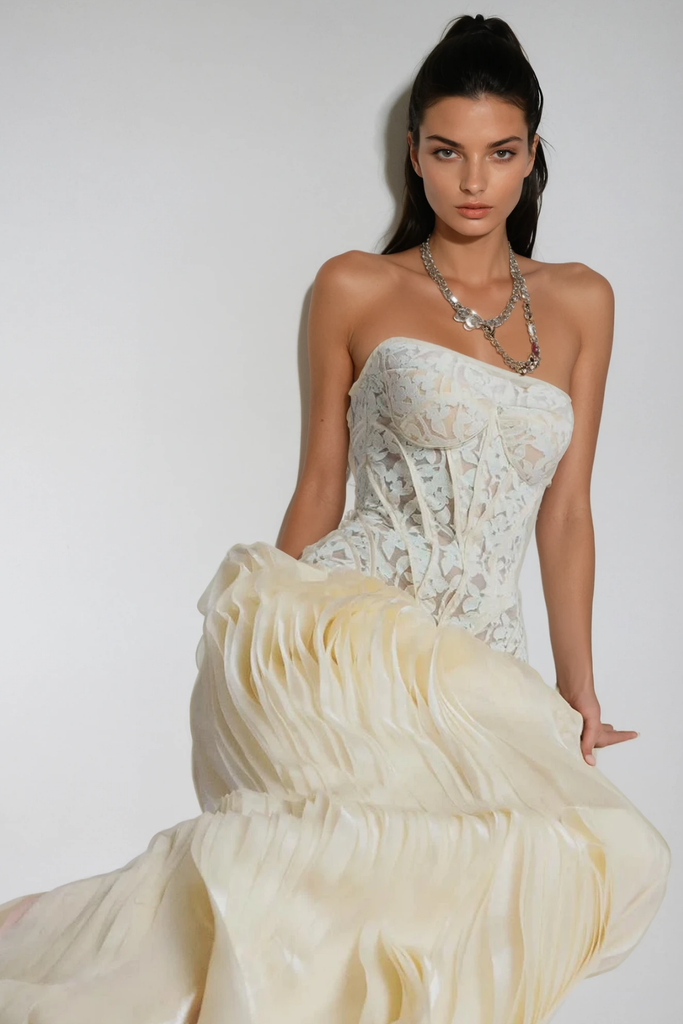 Shop  beautiful dress - Perfect for special occasions | Blerta Strapless Corset Mesh Maxi Dress