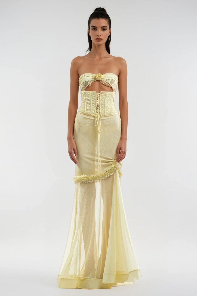 Blodeuedd Cutout Mesh Corset Maxi Dress - Stylish beautiful dress for special occasions | Buy Online