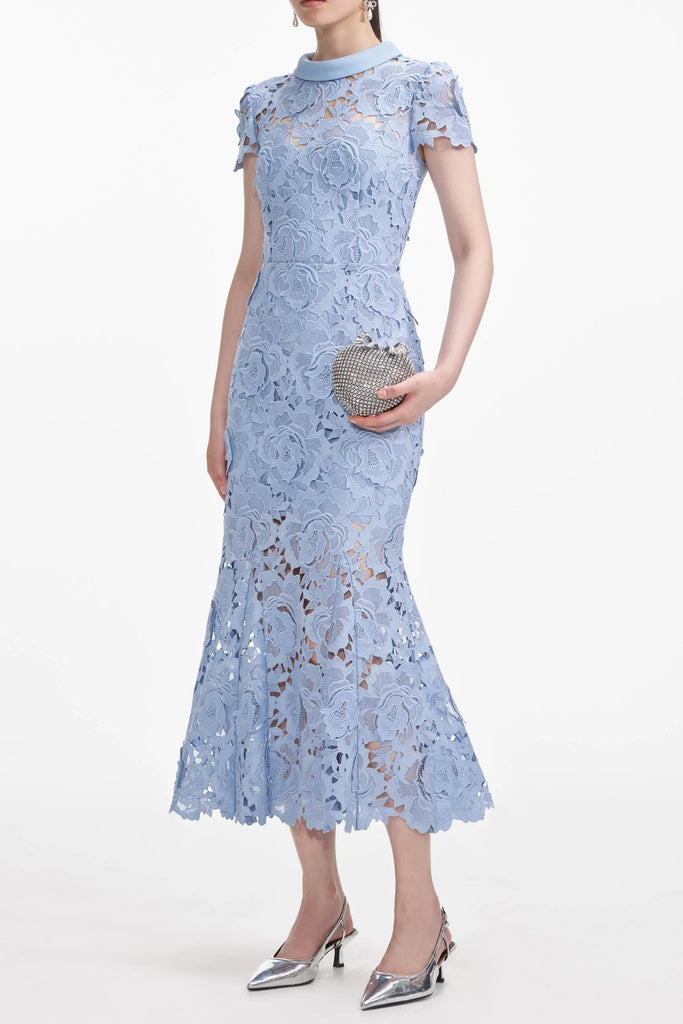 Stylish blue dress | Blue Flower Lace Contrast Collar Midi Dress - Ideal for special occasions