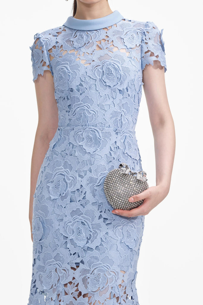 Blue Flower Lace Contrast Collar Midi Dress - Stylish blue dress for special occasions | Buy Online