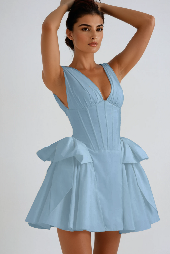 Stylish blue dress | Bluma Corset Bow Puffy Dress In Blue - Ideal for special occasions