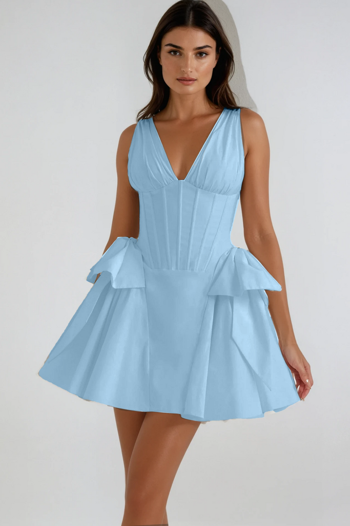 Stylish blue dress | Bluma Corset Bow Puffy Dress In Blue - Ideal for special occasions