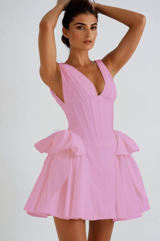 Stylish pink dress | Bluma Corset Bow Puffy Dress In Pink - Ideal for special occasions