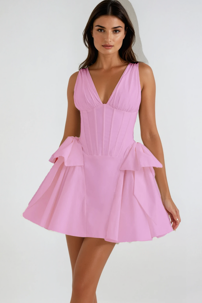 Stylish pink dress | Bluma Corset Bow Puffy Dress In Pink - Ideal for special occasions