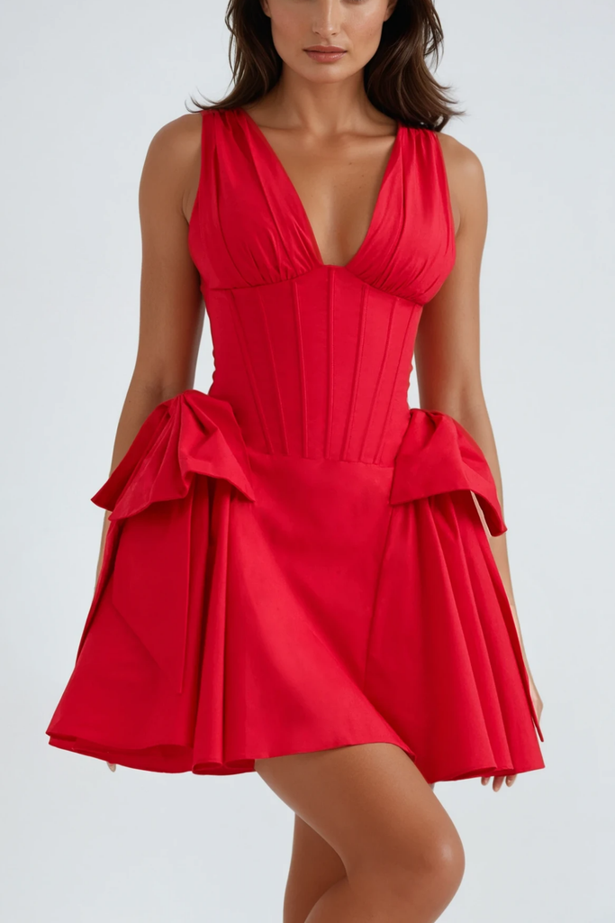 Stylish red dress | Bluma Corset Bow Puffy Dress In Red - Ideal for special occasions