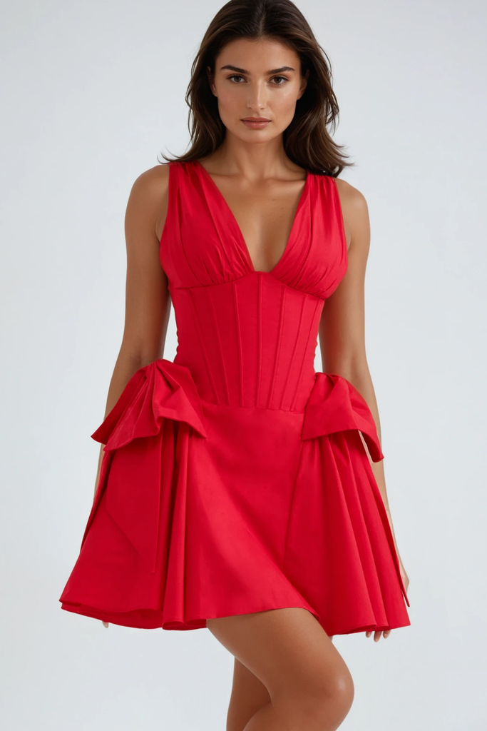 Bluma Corset Bow Puffy Dress In Red - Stylish red dress for special occasions | Buy Online