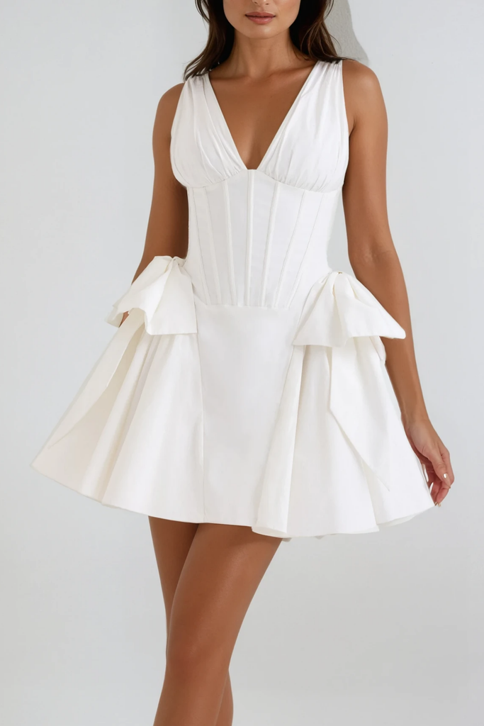 Bluma Corset Bow Puffy Dress In White - Stylish white dress for special occasions | Buy Online