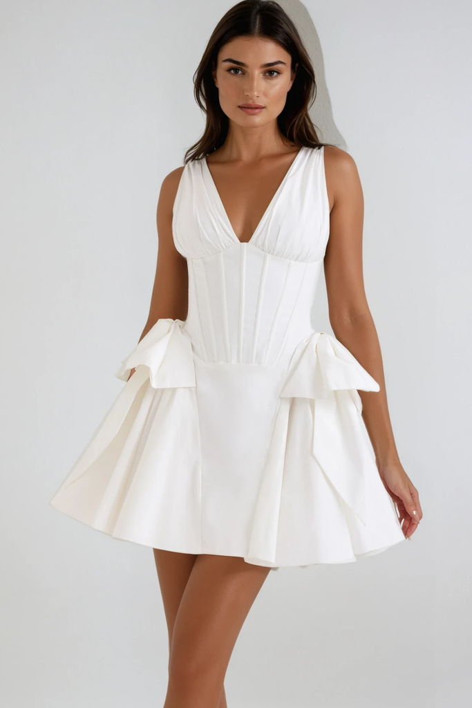 Stylish white dress | Bluma Corset Bow Puffy Dress In White - Ideal for special occasions