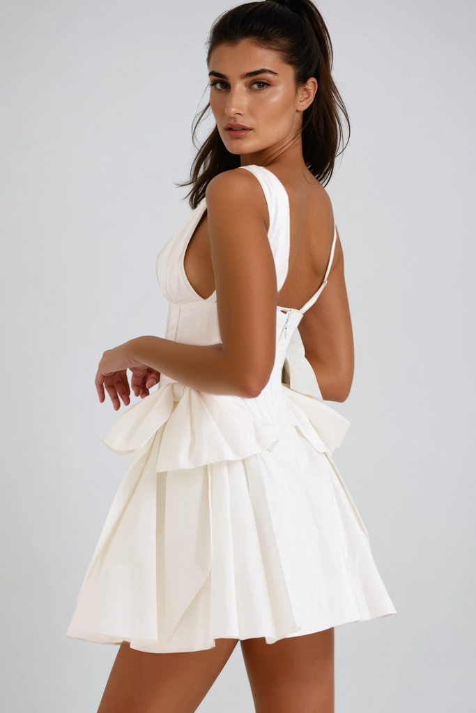 Bluma Corset Bow Puffy Dress In White - Stylish white dress for special occasions | Buy Online
