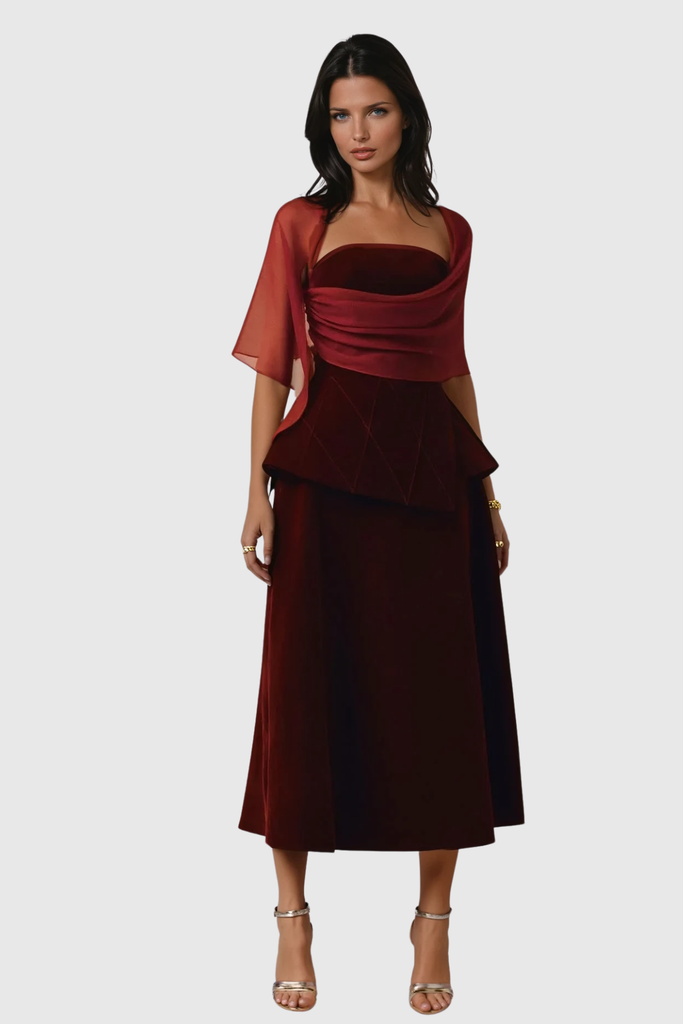 Bobbie Mesh Shawl Maxi Dress In Red - Stylish red dress for special occasions | Buy Online