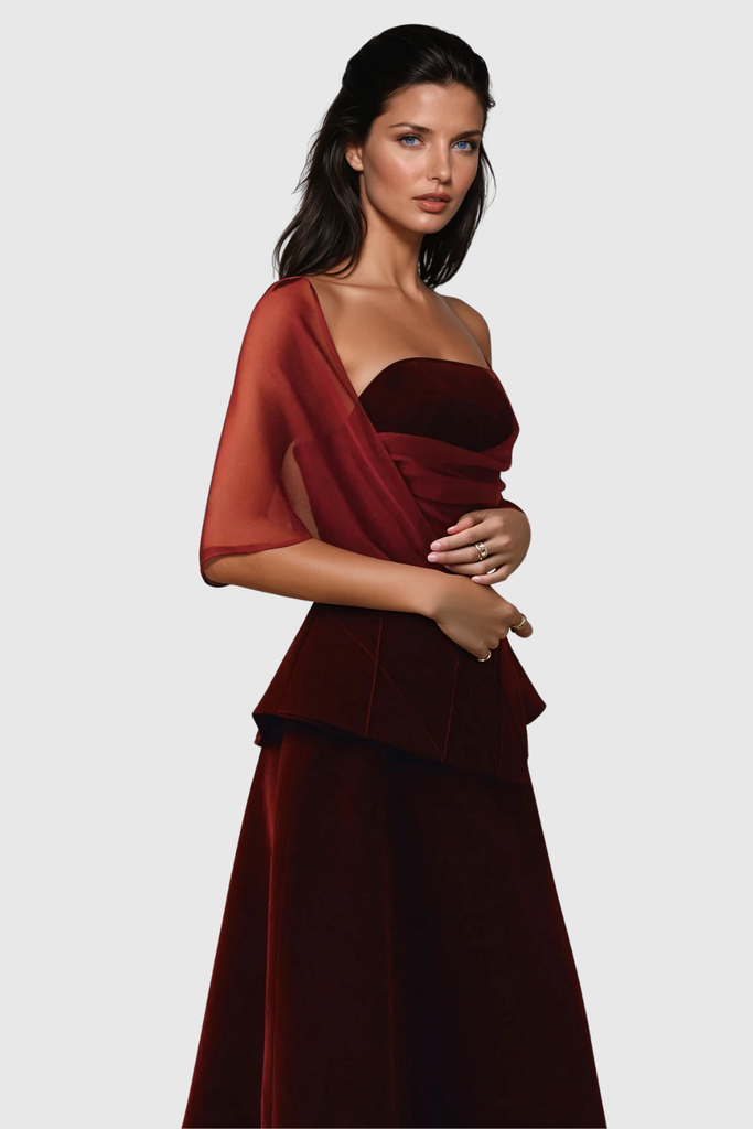 Bobbie Mesh Shawl Maxi Dress In Red - Stylish red dress for special occasions | Buy Online