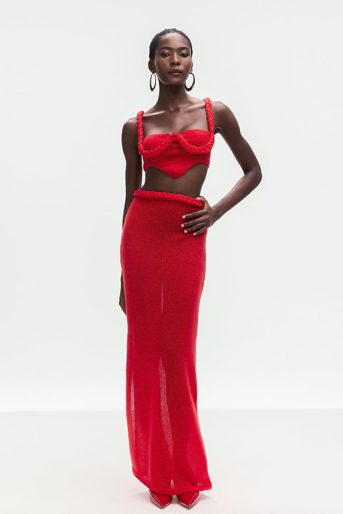 Shop  red dress - Perfect for special occasions | Bogdana Twist Cutout Knit Skirt Set In Red