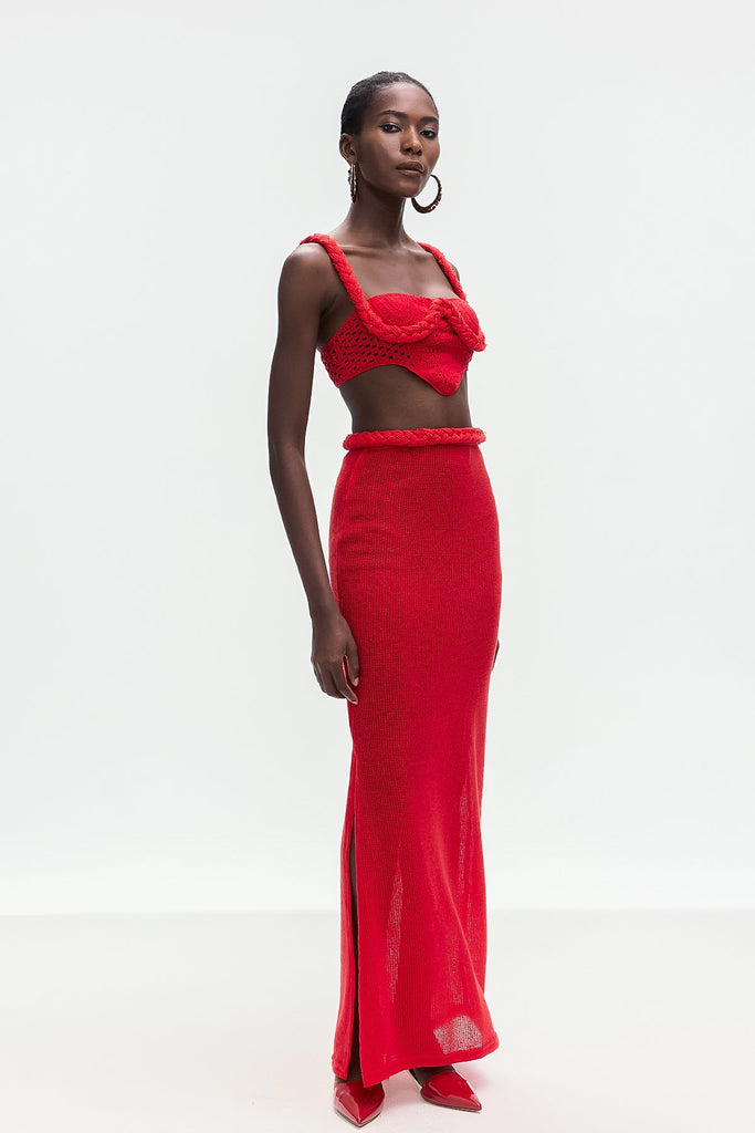 Shop  red dress - Perfect for special occasions | Bogdana Twist Cutout Knit Skirt Set In Red