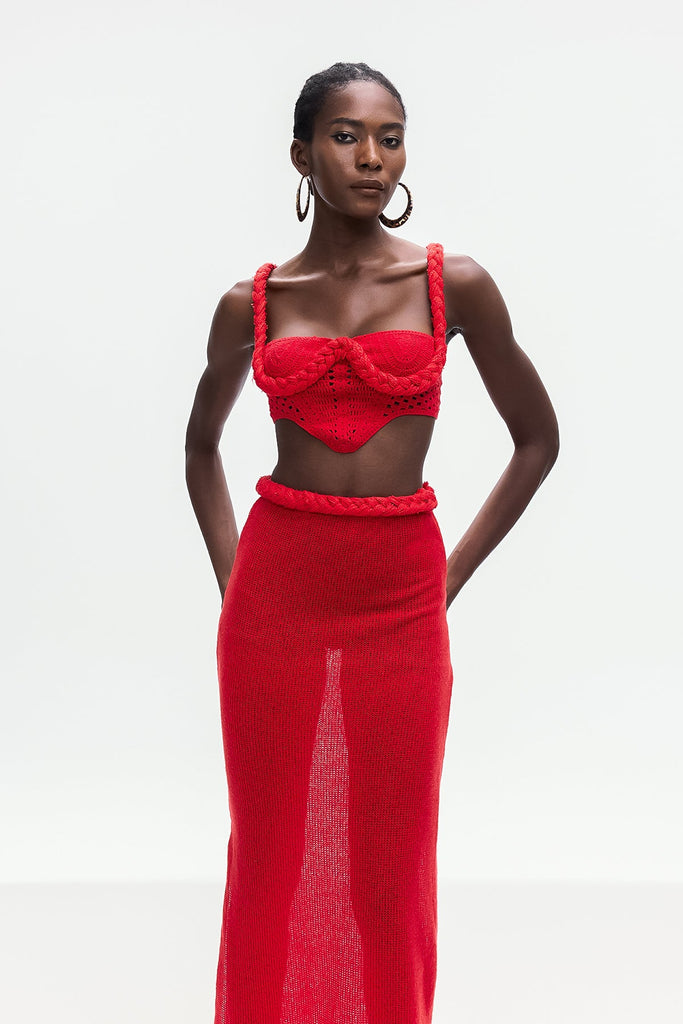 Shop  red dress - Perfect for special occasions | Bogdana Twist Cutout Knit Skirt Set In Red