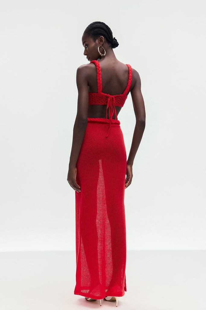 Bogdana Twist Cutout Knit Skirt Set In Red - Stylish red dress for special occasions | Buy Online