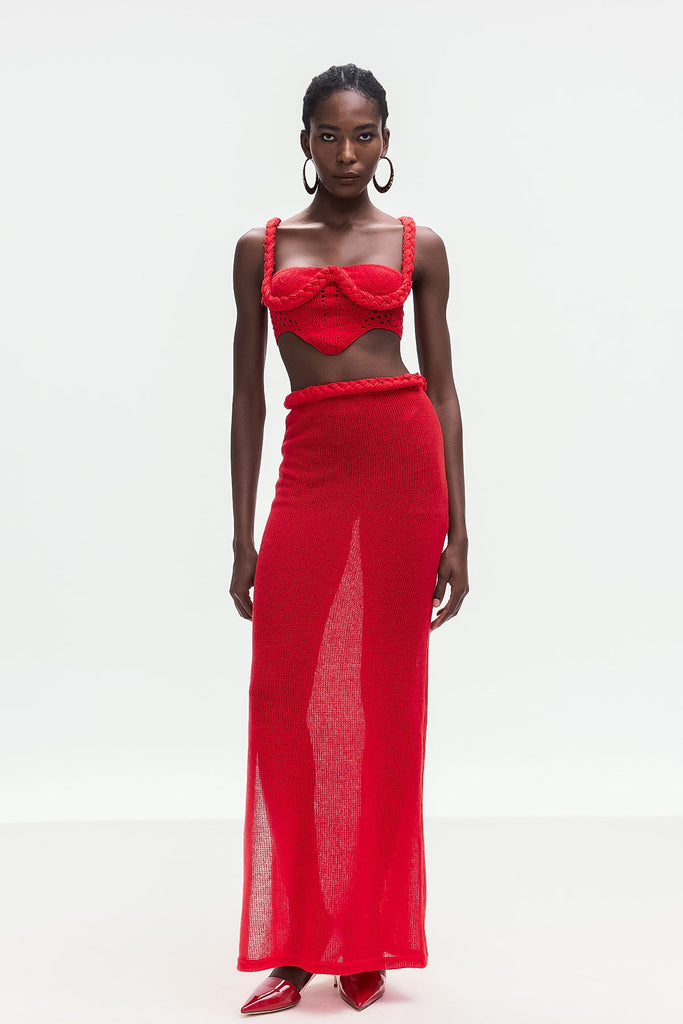 Shop  red dress - Perfect for special occasions | Bogdana Twist Cutout Knit Skirt Set In Red