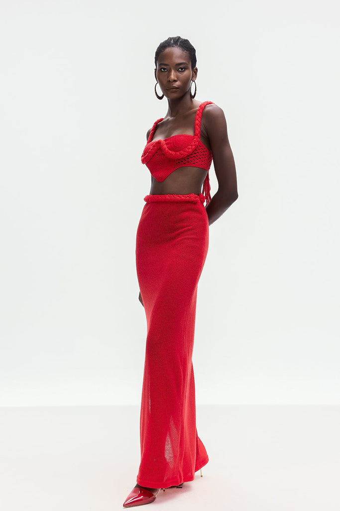 Bogdana Twist Cutout Knit Skirt Set In Red - Stylish red dress for special occasions | Buy Online