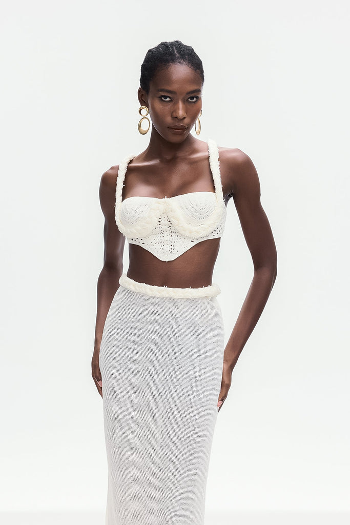 Bogdana Twist Cutout Knit Skirt Set In White - Stylish white dress for special occasions | Buy Online