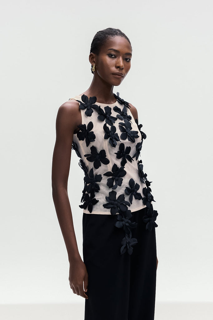 Bohdana Flower Sleeveless Top In Black - Stylish black dress for special occasions | Buy Online