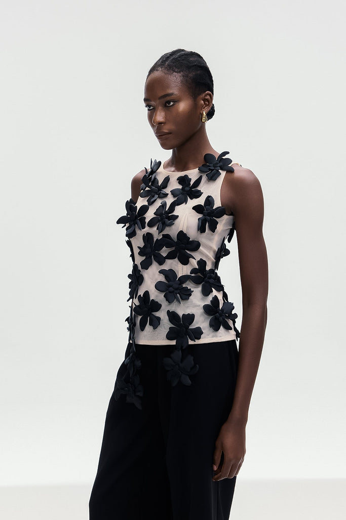 Bohdana Flower Sleeveless Top In Black - Stylish black dress for special occasions | Buy Online