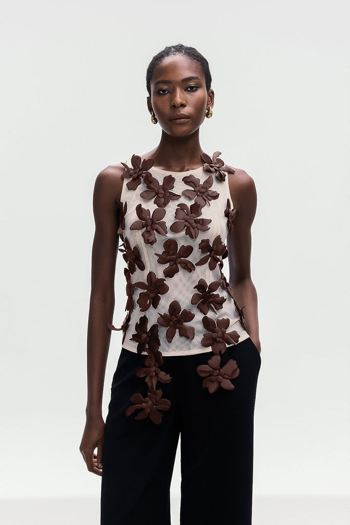 Shop  brown dress - Perfect for special occasions | Bohdana Flower Sleeveless Top In Brown