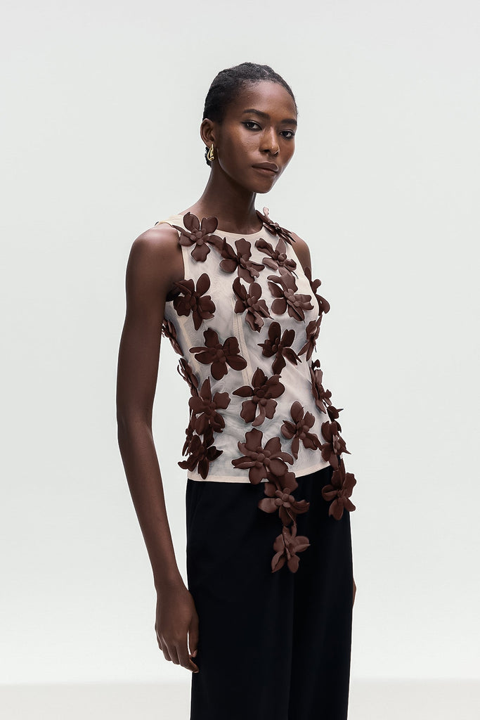 Bohdana Flower Sleeveless Top In Brown - Stylish brown dress for special occasions | Buy Online