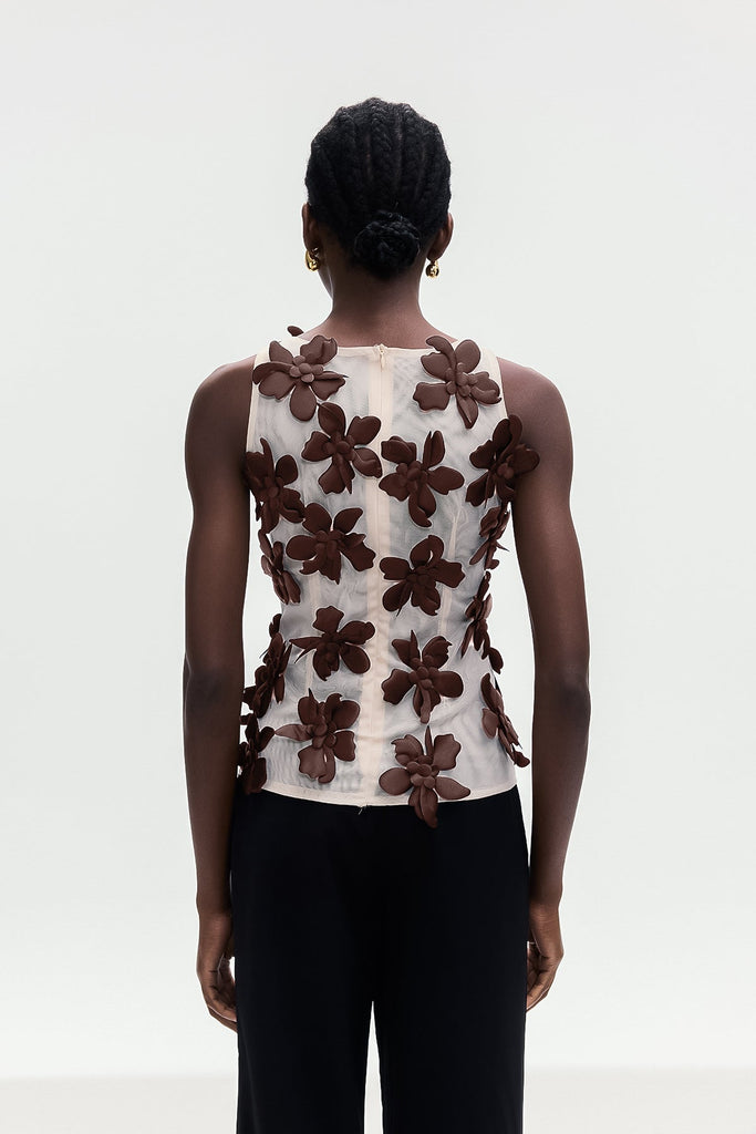 Bohdana Flower Sleeveless Top In Brown - Stylish brown dress for special occasions | Buy Online